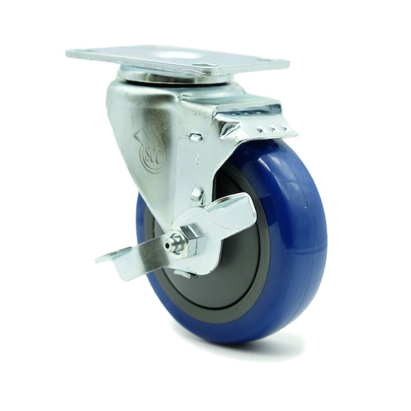 4 Inch Blue Polyurethane Wheel Swivel Top Plate Caster with Brake SCC